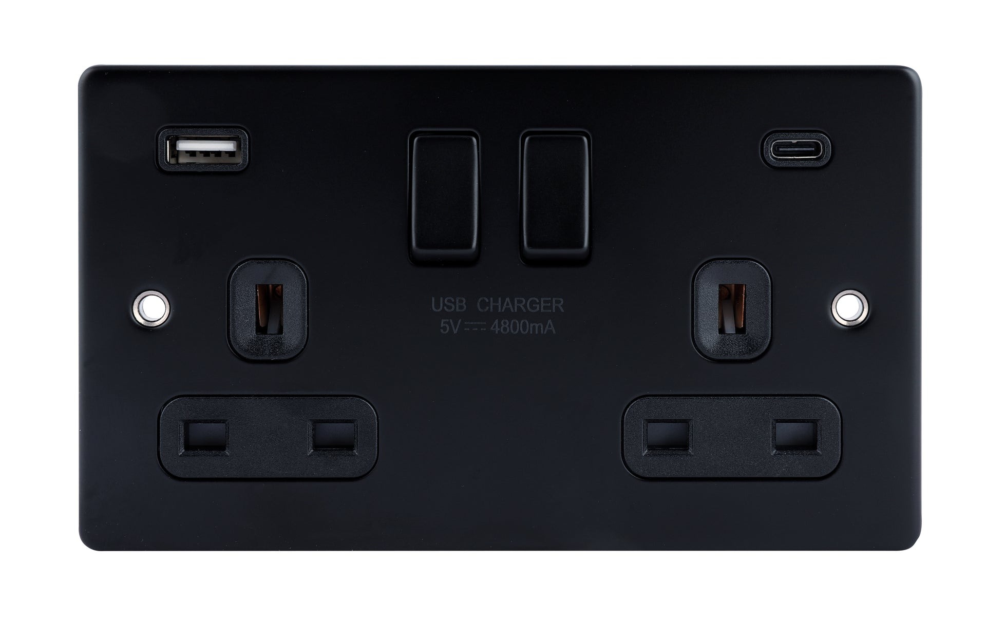 D-S132USB4C-MBB 2 Gang Switched Sockets with 4.8A A+C type Black Insert Matt Black